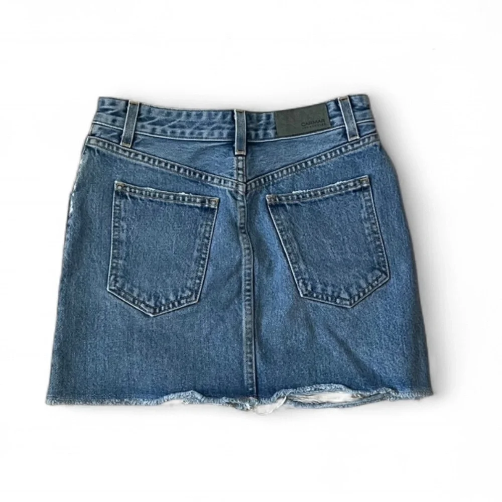 Carmar Los Angeles blue denim buckle cutout mini skirt, size 25. Distressed.